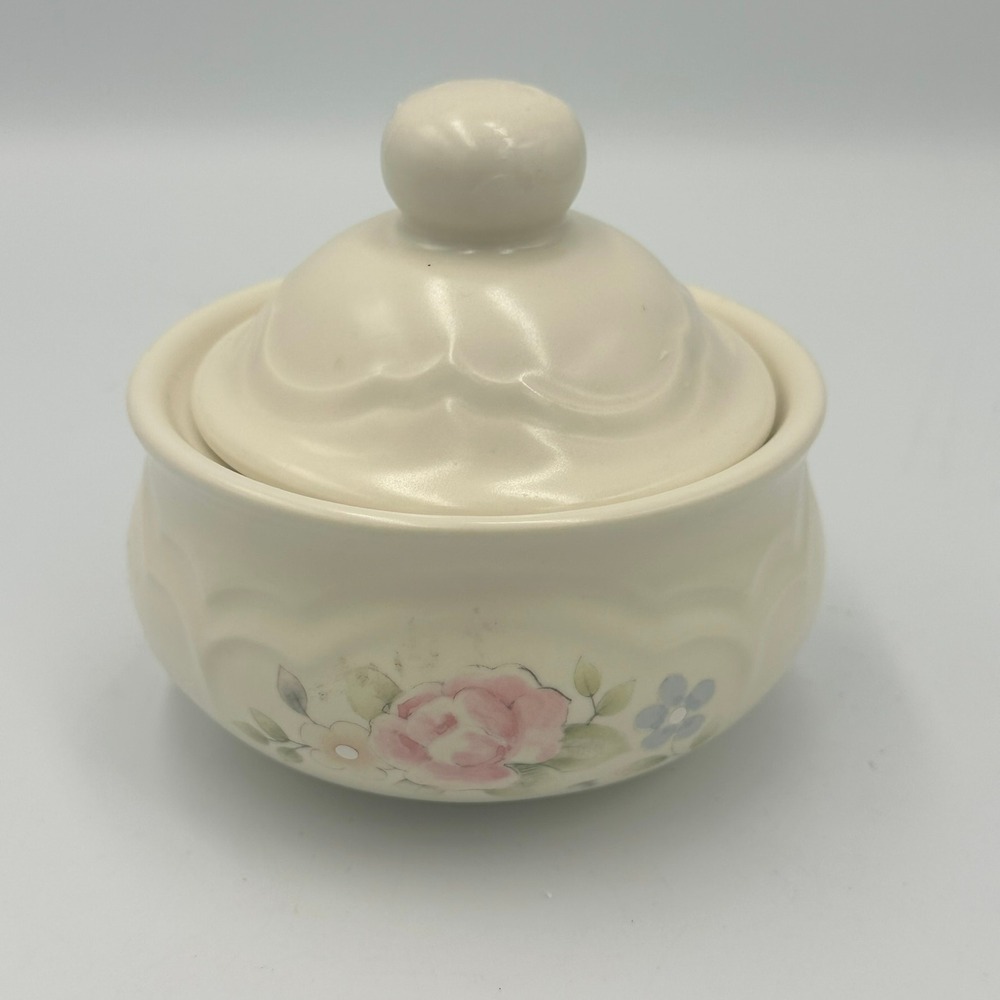 Pfaltzgraff Sugar Bowl with Lid Tea Rose Cream Pink Floral Stoneware USA Vintage
